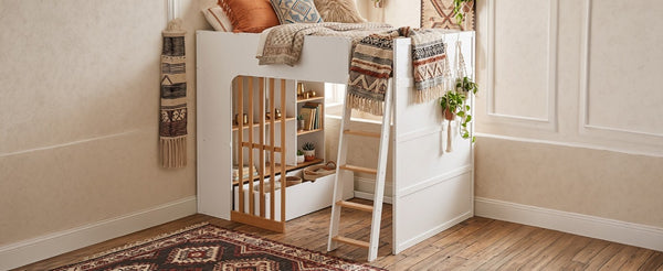 English Elm Full Size Loft Bed with Built in Shelves Under Drawer Oak Accents Kids Room White+Natural LT000433AAK