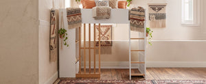 English Elm Full Size Loft Bed with Built in Shelves Under Drawer Oak Accents Kids Room White+Natural LT000433AAK