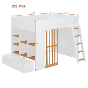 English Elm Full Size Loft Bed with Built in Shelves Under Drawer Oak Accents Kids Room White+Natural LT000433AAK