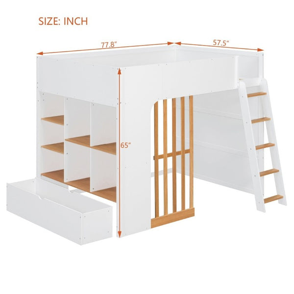 English Elm Full Size Loft Bed with Built in Shelves Under Drawer Oak Accents Kids Room White+Natural LT000433AAK