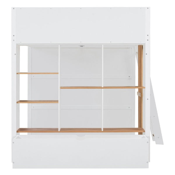 English Elm Full Size Loft Bed with Built in Shelves Under Drawer Oak Accents Kids Room White+Natural LT000433AAK