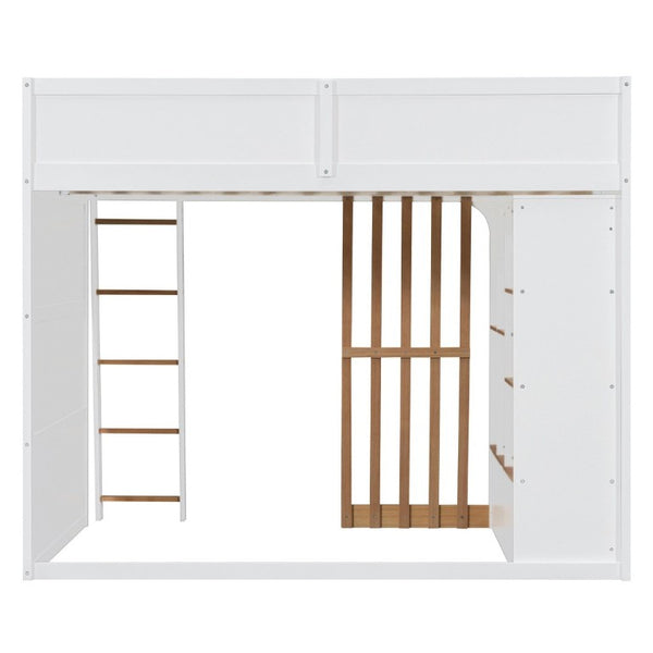 English Elm Full Size Loft Bed with Built in Shelves Under Drawer Oak Accents Kids Room White+Natural LT000433AAK