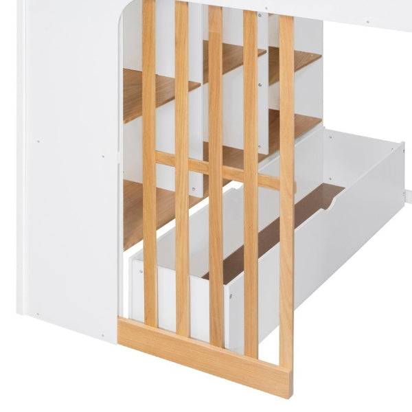 English Elm Full Size Loft Bed with Built in Shelves Under Drawer Oak Accents Kids Room White+Natural LT000433AAK