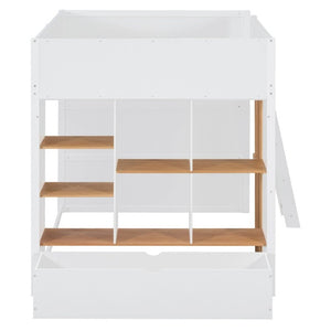 English Elm Full Size Loft Bed with Built in Shelves Under Drawer Oak Accents Kids Room White+Natural LT000433AAK