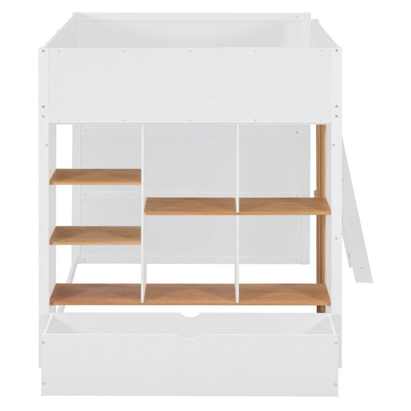 English Elm Full Size Loft Bed with Built in Shelves Under Drawer Oak Accents Kids Room White+Natural LT000433AAK