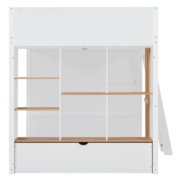 English Elm Full Size Loft Bed with Built in Shelves Under Drawer Oak Accents Kids Room White+Natural LT000433AAK