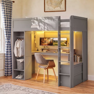English Elm Twin Loft Bed Solid Wood Frame with L-Shaped Desk Wardrobe Storage and LED Lighting Gray LT000437AAE
