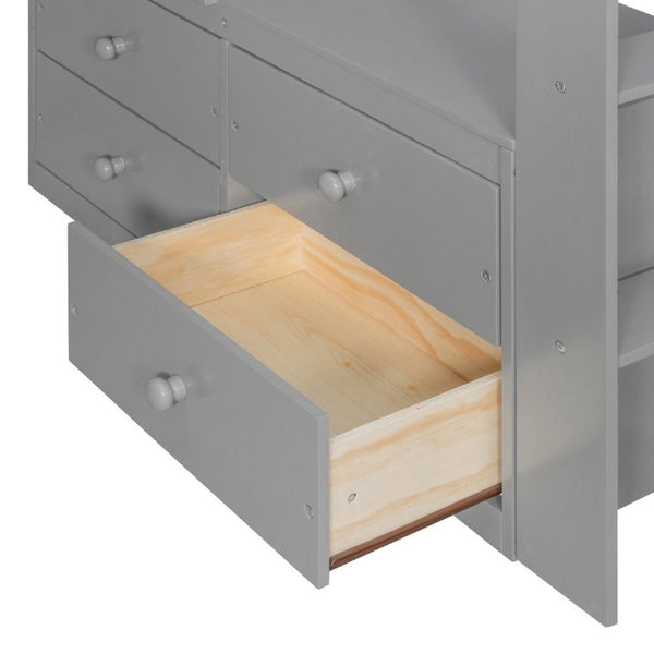 English Elm Twin Loft Bed Solid Wood Frame with L-Shaped Desk Wardrobe Storage and LED Lighting Gray LT000437AAE