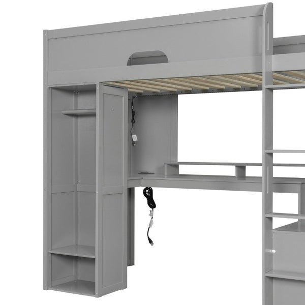 English Elm Twin Loft Bed Solid Wood Frame with L-Shaped Desk Wardrobe Storage and LED Lighting Gray LT000437AAE