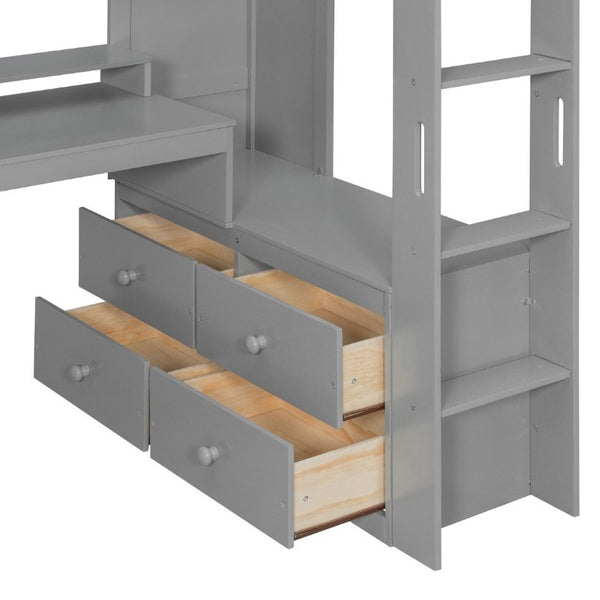 English Elm Twin Loft Bed Solid Wood Frame with L-Shaped Desk Wardrobe Storage and LED Lighting Gray LT000437AAE