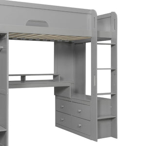 English Elm Twin Loft Bed Solid Wood Frame with L-Shaped Desk Wardrobe Storage and LED Lighting Gray LT000437AAE