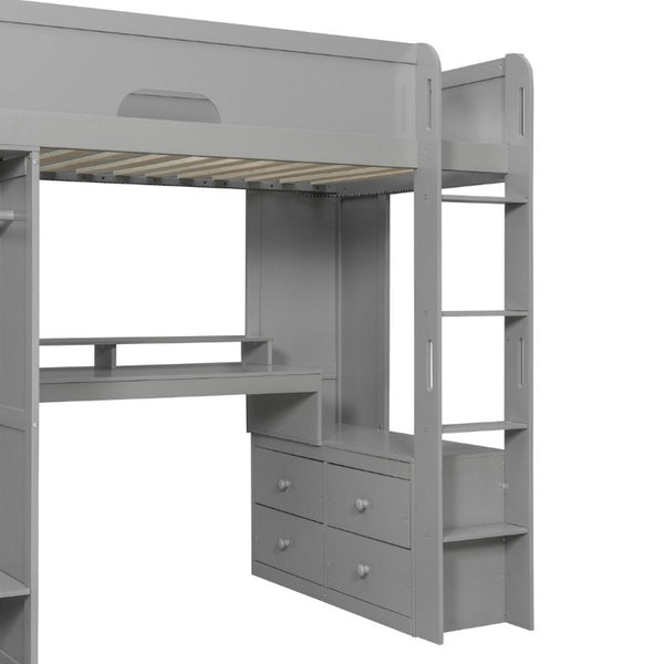 English Elm Twin Loft Bed Solid Wood Frame with L-Shaped Desk Wardrobe Storage and LED Lighting Gray LT000437AAE