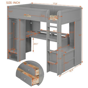 English Elm Twin Loft Bed Solid Wood Frame with L-Shaped Desk Wardrobe Storage and LED Lighting Gray LT000437AAE