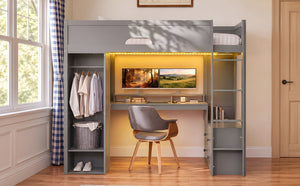 English Elm Twin Loft Bed Solid Wood Frame with L-Shaped Desk Wardrobe Storage and LED Lighting Gray LT000437AAE