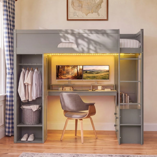 English Elm Twin Loft Bed Solid Wood Frame with L-Shaped Desk Wardrobe Storage and LED Lighting Gray LT000437AAE