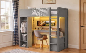 English Elm Twin Loft Bed Solid Wood Frame with L-Shaped Desk Wardrobe Storage and LED Lighting Gray LT000437AAE