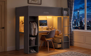 English Elm Twin Loft Bed Solid Wood Frame with L-Shaped Desk Wardrobe Storage and LED Lighting Gray LT000437AAE