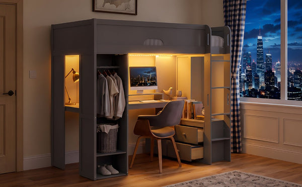 English Elm Twin Loft Bed Solid Wood Frame with L-Shaped Desk Wardrobe Storage and LED Lighting Gray LT000437AAE