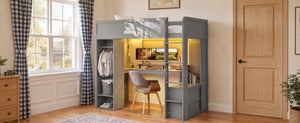 English Elm Twin Loft Bed Solid Wood Frame with L-Shaped Desk Wardrobe Storage and LED Lighting Gray LT000437AAE