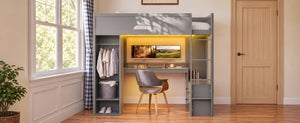 English Elm Twin Loft Bed Solid Wood Frame with L-Shaped Desk Wardrobe Storage and LED Lighting Gray LT000437AAE