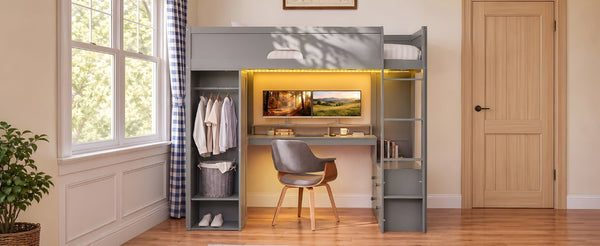 English Elm Twin Loft Bed Solid Wood Frame with L-Shaped Desk Wardrobe Storage and LED Lighting Gray LT000437AAE