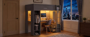 English Elm Twin Loft Bed Solid Wood Frame with L-Shaped Desk Wardrobe Storage and LED Lighting Gray LT000437AAE