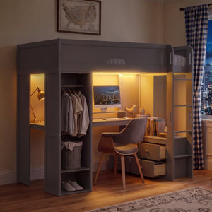 English Elm Twin Loft Bed Solid Wood Frame with L-Shaped Desk Wardrobe Storage and LED Lighting Gray LT000437AAE
