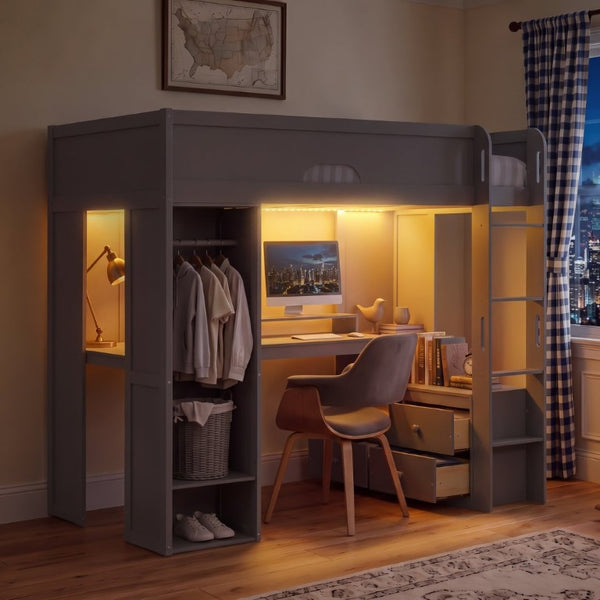 English Elm Twin Loft Bed Solid Wood Frame with L-Shaped Desk Wardrobe Storage and LED Lighting Gray LT000437AAE