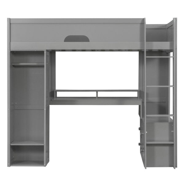 English Elm Twin Loft Bed Solid Wood Frame with L-Shaped Desk Wardrobe Storage and LED Lighting Gray LT000437AAE