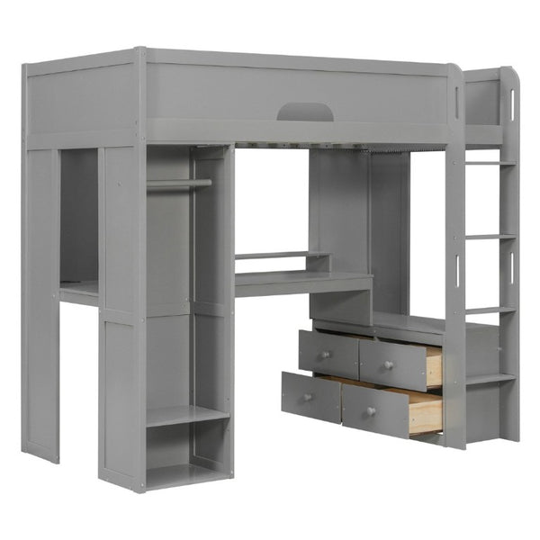 English Elm Twin Loft Bed Solid Wood Frame with L-Shaped Desk Wardrobe Storage and LED Lighting Gray LT000437AAE