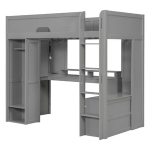 English Elm Twin Loft Bed Solid Wood Frame with L-Shaped Desk Wardrobe Storage and LED Lighting Gray LT000437AAE
