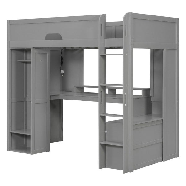 English Elm Twin Loft Bed Solid Wood Frame with L-Shaped Desk Wardrobe Storage and LED Lighting Gray LT000437AAE