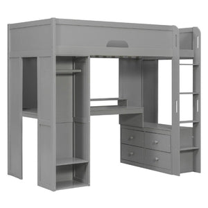 English Elm Twin Loft Bed Solid Wood Frame with L-Shaped Desk Wardrobe Storage and LED Lighting Gray LT000437AAE