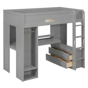 English Elm Twin Loft Bed Solid Wood Frame with L-Shaped Desk Wardrobe Storage and LED Lighting Gray LT000437AAE