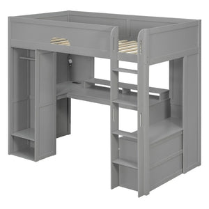 English Elm Twin Loft Bed Solid Wood Frame with L-Shaped Desk Wardrobe Storage and LED Lighting Gray LT000437AAE