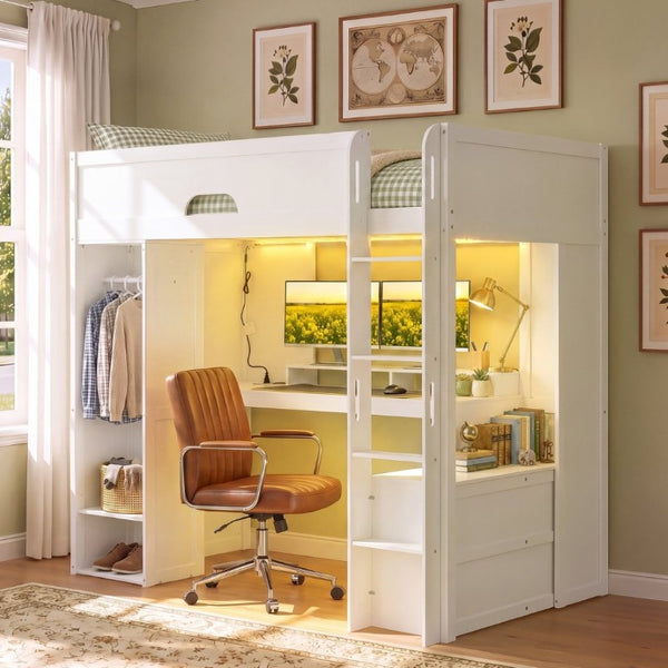 English Elm Twin Loft Bed Solid Wood Frame with L-Shaped Desk Wardrobe Storage and LED Lighting White LT000437AAK