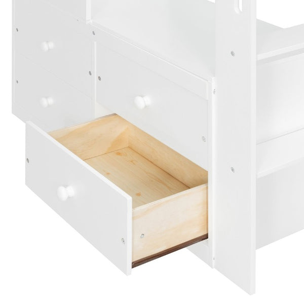 English Elm Twin Loft Bed Solid Wood Frame with L-Shaped Desk Wardrobe Storage and LED Lighting White LT000437AAK
