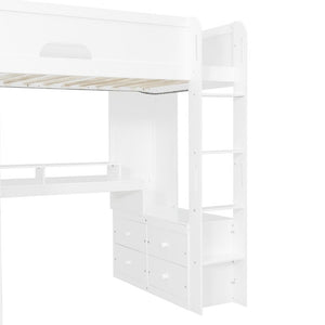 English Elm Twin Loft Bed Solid Wood Frame with L-Shaped Desk Wardrobe Storage and LED Lighting White LT000437AAK