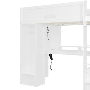 English Elm Twin Loft Bed Solid Wood Frame with L-Shaped Desk Wardrobe Storage and LED Lighting White LT000437AAK