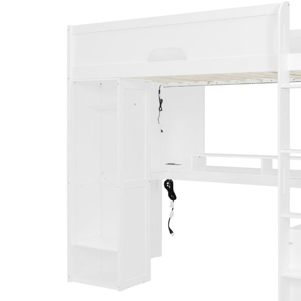 English Elm Twin Loft Bed Solid Wood Frame with L-Shaped Desk Wardrobe Storage and LED Lighting White LT000437AAK