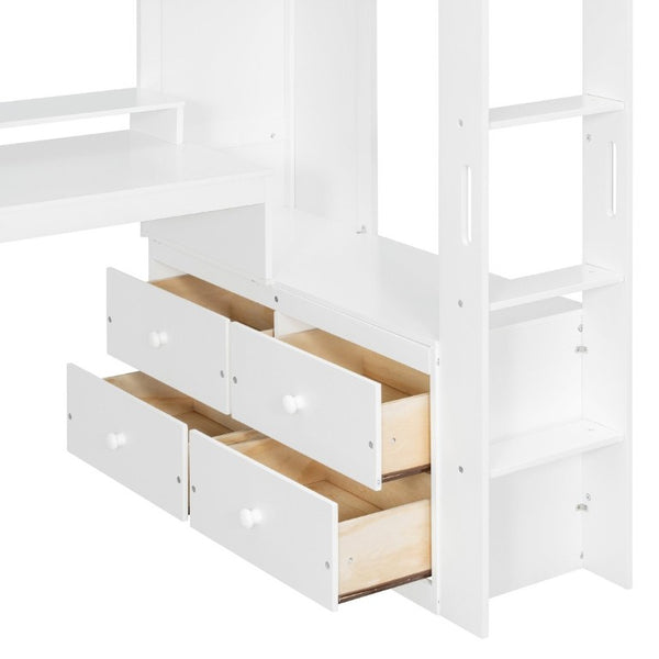 English Elm Twin Loft Bed Solid Wood Frame with L-Shaped Desk Wardrobe Storage and LED Lighting White LT000437AAK