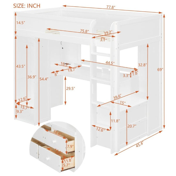 English Elm Twin Loft Bed Solid Wood Frame with L-Shaped Desk Wardrobe Storage and LED Lighting White LT000437AAK