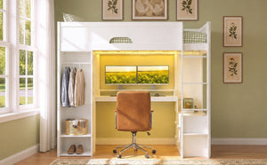 English Elm Twin Loft Bed Solid Wood Frame with L-Shaped Desk Wardrobe Storage and LED Lighting White LT000437AAK