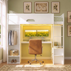 English Elm Twin Loft Bed Solid Wood Frame with L-Shaped Desk Wardrobe Storage and LED Lighting White LT000437AAK