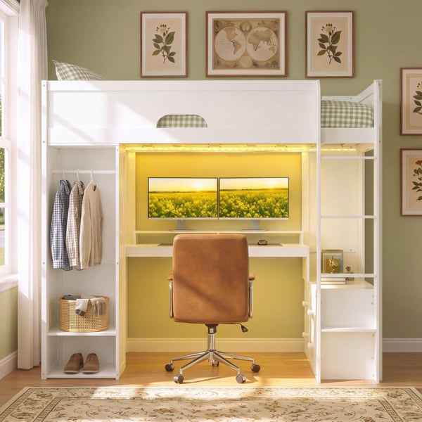 English Elm Twin Loft Bed Solid Wood Frame with L-Shaped Desk Wardrobe Storage and LED Lighting White LT000437AAK