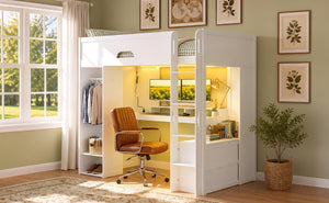 English Elm Twin Loft Bed Solid Wood Frame with L-Shaped Desk Wardrobe Storage and LED Lighting White LT000437AAK