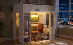 English Elm Twin Loft Bed Solid Wood Frame with L-Shaped Desk Wardrobe Storage and LED Lighting White LT000437AAK