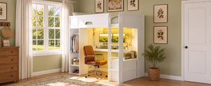 English Elm Twin Loft Bed Solid Wood Frame with L-Shaped Desk Wardrobe Storage and LED Lighting White LT000437AAK
