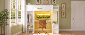 English Elm Twin Loft Bed Solid Wood Frame with L-Shaped Desk Wardrobe Storage and LED Lighting White LT000437AAK