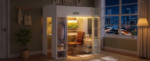 English Elm Twin Loft Bed Solid Wood Frame with L-Shaped Desk Wardrobe Storage and LED Lighting White LT000437AAK